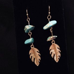 Turquoise and gold feather drop earrings